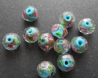 10pcs-Aqua,pink-Artistic Lampwork Glass rondelle beads, for bracelet, necklace,earrings