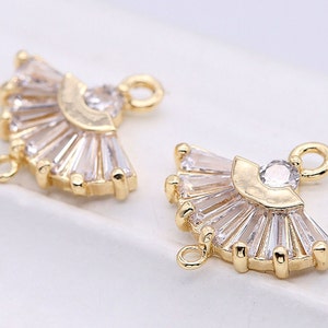 2pcs--15mmX14mm 2 loop Gold plated Fan connector w/ Cubic Zirconia-earring connector, bracelet connector