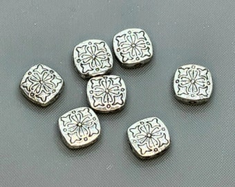 6 perles carrées argentées 10 mm, 2 faces, perles spatiales carrées argentées antiques