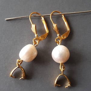 4pcs-Gold Earring Hooks, gold tone lever back earring hook w/ genuine fresh water pearls, pinch bail