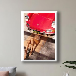 Retro Mechanic Woman Home Decor Canvas Wall Art | Vintage Car Fashion Framed Poster | Man Cave Gift Idea