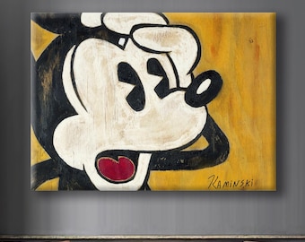 Quadro em tela com a pintura a óleo do Mickey Mouse surpreso – Pôster emoldurado do personagem da Disney – Decoração vintage para casa