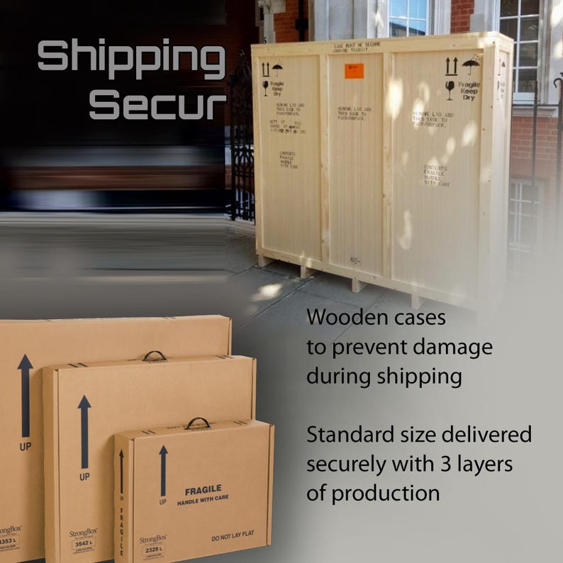 Puede incluir: La imagen muestra cajas de env&iacute;o de madera y cajas de cart&oacute;n. Las cajas tienen flechas "UP" y etiquetas "Fragile". El texto dice "Shipping Secur" y "Wooden cases to prevent damage during shipping."