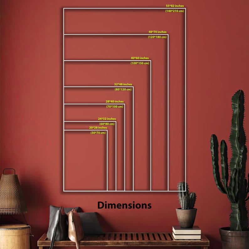 Puede incluir: Una pared roja muestra rect&aacute;ngulos con marcos blancos que indican tama&ntilde;os de lienzo, desde 50x70 cm hasta 140x210 cm. La palabra "Dimensions" est&aacute; escrita en blanco en la parte inferior de la imagen.