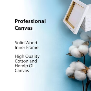 Puede incluir: Lienzo blanco con un marco interior de madera maciza, apilado sobre un fondo azul claro. El texto dice "Professional Canvas", "Solid Wood Inner Frame" y "High Quality Cotton and Hemp Oil Canvas". Flores de algod&oacute;n en primer plano.