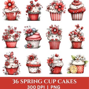 Könnte beinhalten: Aquarellillustration von 12 Cupcakes mit rotem und weißem Zuckerguss, verziert mit Blumen, Schmetterlingen und Beeren. Die Cupcakes befinden sich in rot gestreiften Papierförmchen. Der Text "36 SPRING CUP CAKES 300 DPI | PNG" ist enthalten.