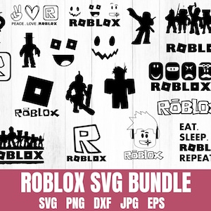Könnte beinhalten: Eine Sammlung schwarzer Roblox-Themen-SVG-Grafiken. Die Designs umfassen Charaktersilhouetten, Logos und Textelemente wie "Peace. Love. Roblox" und "Eat. Sleep. Roblox. Repeat." Der Titel "ROBLOX SVG BUNDLE" ist ebenfalls vorhanden.