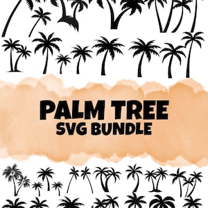 May include: A selection of black palm tree silhouettes in diverse styles. The text "PALM TREE SVG BUNDLE" is shown in bold, black letters against an orange watercolour background. Suitable for tropical-themed designs.
