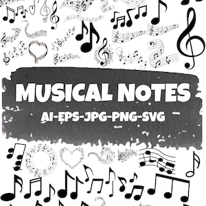 Könnte beinhalten: Eine Sammlung schwarzer Noten und Symbole auf weißem Hintergrund. Das Bild enthält Violinschlüssel, Achtelnoten und Notenlinien. Die Worte "MUSICAL NOTES" werden in großen weißen Buchstaben angezeigt, mit Dateierweiterungen darunter.