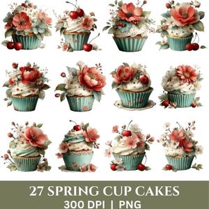 Könnte beinhalten: Zwölf Aquarell-Cupcakes mit weißem Zuckerguss, roten Blumen, Kirschen und grünen Blättern. Die Cupcakes befinden sich in türkisfarbenen Papierförmchen mit floralen Mustern. Der Text unten lautet "27 SPRING CUP CAKES 300 DPI | PNG".