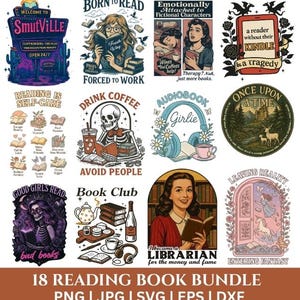 Könnte beinhalten: Eine Sammlung von 18 Grafiken zum Thema Lesen mit verschiedenen Designs. Die Bilder enthalten Texte wie "Born to Read", "Drink Coffee Avoid People" und "Good Girls Read Bad Books". Die Farbpalette umfasst Blau-, Rot- und Brauntöne.