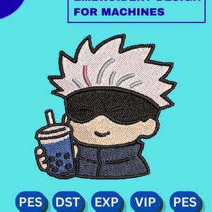 Chibi Anime Embroidery Design | Sensei with Bubble Tea | Kawaii Embroidery Pattern for Embroidery Machine | Digital Download | Boba Tea Embroidery Design (7cm x 7cm)