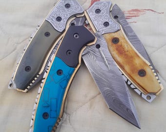 Handmade Folding Knife | Damascus Steel Blade | Sharp Pocket Knife | Custom Gift for Him | EDC Knife