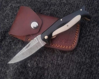 Handmade Damascus Folding Knife | Black & White Resin Handle | Pocket Knife for EDC, Camping Gift For Him