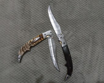 Handmade Damascus Steel Folding Knife – Leather & Horn Handle, Free Sheath