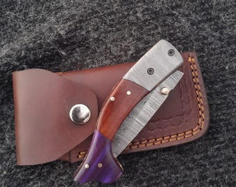 Handmade Damascus Steel Folding Knife | Custom Resin Handle