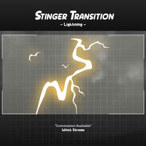 May include: A digital graphic featuring the text "Stinger Transition - Lightning." A white lightning bolt design is centered on a grey grid background. The text "Commission Available" and "Witch Stream" are at the bottom.