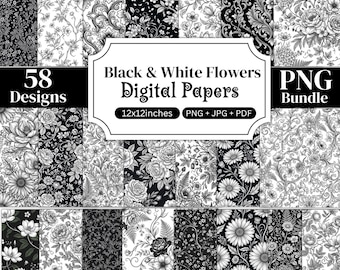 Black & White Floral Digital Papers Bundle, Vintage Flower Backgrounds, Botanical Scrapbook Papers, Monochrome Floral Paper Pack