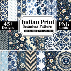 Indian Block Print Seamless Pattern PNG Bundle, Boho Floral Digital Paper, Ethnic Repeat Pattern, Printable Backgrounds, Instant Download