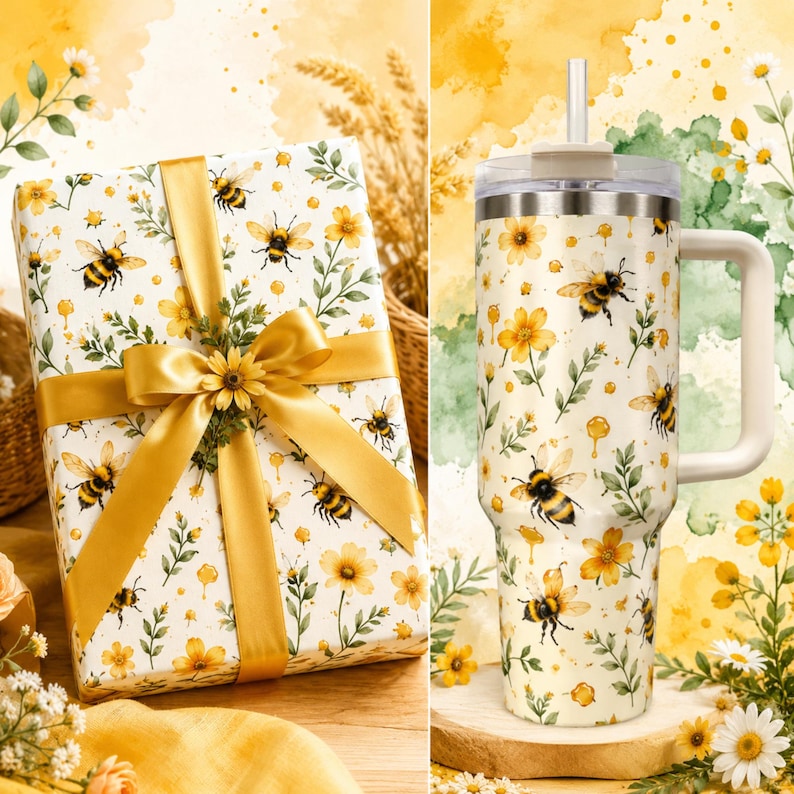 May include: A gift box wrapped in white paper with a yellow bee and floral pattern, tied with a wide gold ribbon, alongside a matching stainless steel tumbler with a handle, straw, and a repeating yellow bee and floral print design.