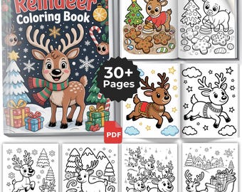 30+ Christmas Reindeer Coloring Book, Pages for Kids & Adults, Printable Holiday Activities, Coloring Sheets Toddler, Coloring Page Download