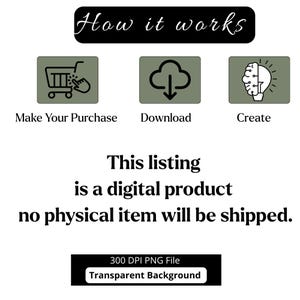 May include: An image with the text "How it works" at the top. Below are three icons with the words "Make Your Purchase", "Download", and "Create". The text "This listing is a digital product no physical item will be shipped" is also present. The image also states "300 DPI PNG File Transparent Background".