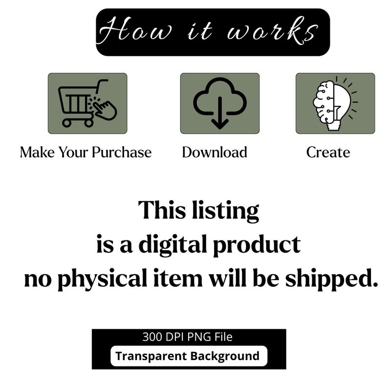 May include: An image with the text "How it works" at the top. Below are three icons with the words "Make Your Purchase", "Download", and "Create". The text "This listing is a digital product no physical item will be shipped" is also present. The image also states "300 DPI PNG File Transparent Background".