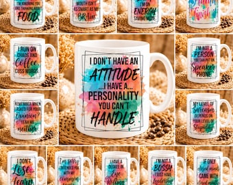 Bundel van 50 sarcastische koffiemokhoezen, grappige sublimatieontwerpen voor mokken, humoristische quote-mokhoezen in PNG-formaat, geschikt voor koffiemokken van 325 ml en 440 ml, direct te downloaden.