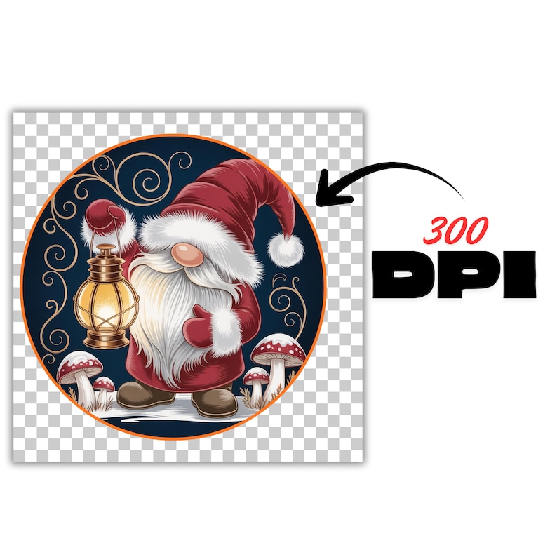 Puede incluir: Ilustraci&oacute;n de un gnomo con sombrero y abrigo rojos, sosteniendo una linterna. El gnomo tiene una larga barba blanca y est&aacute; rodeado de setas. La imagen est&aacute; dentro de un c&iacute;rculo azul oscuro con remolinos decorativos.