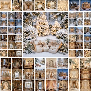 Op de afbeelding: Een collage van diverse winter- en vakantiescènes met besneeuwde landschappen, versierde kerstbomen, feestelijke geschenkdozen met linten, verlichte bogen en grootse architecturale interieurs versierd met seizoensgebonden verlichting.
