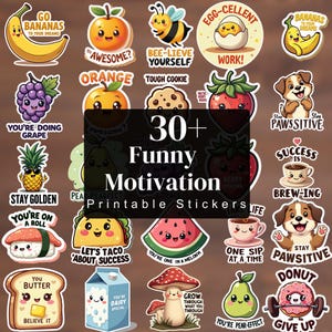 Puede incluir: Una colección de más de 30 pegatinas imprimibles coloridas, divertidas y motivadoras. Las pegatinas presentan varias frutas, animales y alimentos de dibujos animados con mensajes positivos y juegos de palabras. Las pegatinas están diseñadas con una estética linda y juguetona.