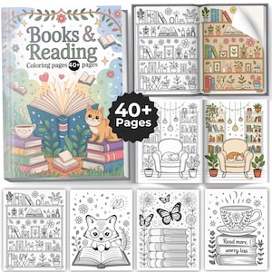 May include: A colouring book titled "Books & Reading" with a cover illustration of a stack of books, a cat, and a teacup. The book contains over 40 pages of colouring pages. Additional pages show line drawings of bookshelves, armchairs, and nature scenes.