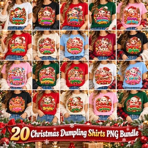 Op de afbeelding: Een collectie van twintig t-shirts met diverse kerst-thema illustraties van een dumpling-personage. Elk shirt toont een uniek feestelijk ontwerp met kleurrijke afbeeldingen en vakantie-gerelateerde tekst zoals Merry Bright, Sleigh All Day en Dear Santa.