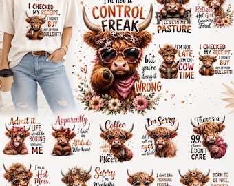 30+ Funny Highland Cow PNG Bundle, Sassy Highland Cow Sublimation Design, Sarcastic Cow Quotes PNG, Cow Lover Shirt Design, Digital Download