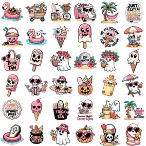 Summerween Clipart Bundle, Beach Ghosts & Skeletons PNG, Ice Cream Ghost Clipart, Summer Halloween PNG, Boo Sublimation, Digital Download image 2