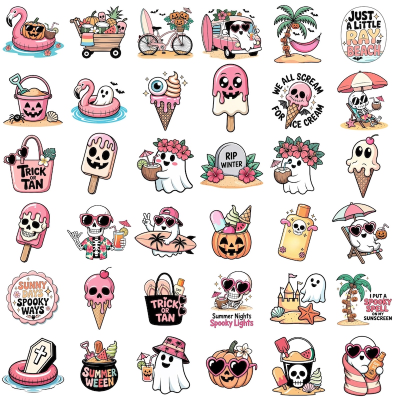 Summerween Clipart Bundle, Beach Ghosts & Skeletons PNG, Ice Cream Ghost Clipart, Summer Halloween PNG, Boo Sublimation, Digital Download image 2