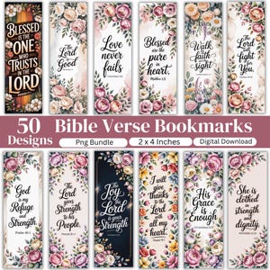 May include: A collection of 50 Bible verse bookmarks, each featuring floral designs and inspirational quotes. The bookmarks are 2 x 4 inches and include verses like "Love never fails" and "Blessed are the pure in heart."