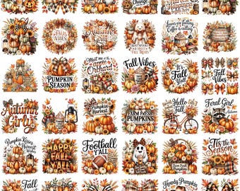 Könnte beinhalten: Eine Sammlung von fünfunddreißig herbstlichen digitalen Illustrationen mit Kürbissen, Sonnenblumen, Geistern, Gnomen, karierten Schleifen, Fußbällen, Laternen und saisonalen Texten, die in einem Raster auf weißem Grund angeordnet sind.