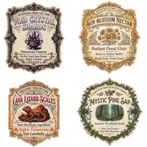 May include: Four decorative rectangular and scalloped labels with vintage-style typography and illustrations. Labels feature Void Crystal Shards, Sun Blossom Nectar, Lava Lizard Scales, and Mystic Pine Sap with detailed text instructions and ornate borders.