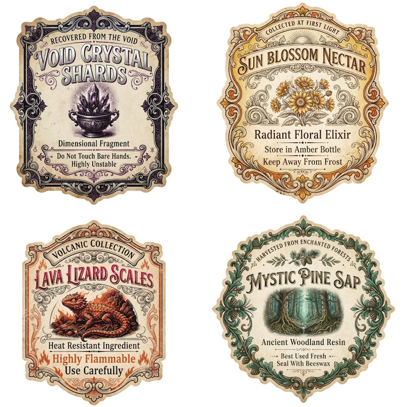 May include: Four decorative rectangular and scalloped labels with vintage-style typography and illustrations. Labels feature Void Crystal Shards, Sun Blossom Nectar, Lava Lizard Scales, and Mystic Pine Sap with detailed text instructions and ornate borders.