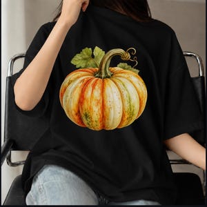 May include: A black t-shirt featuring a large, detailed graphic of a pumpkin in the center. The pumpkin is colored in shades of orange, yellow, and green, with a prominent stem and green leaves attached at the top, rendered in a realistic style.