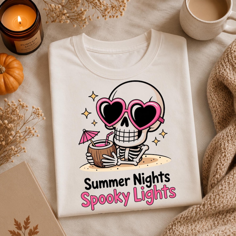 May include: A white t-shirt featuring a graphic of a skeleton wearing pink heart-shaped sunglasses and holding a coconut drink with a pink umbrella. Below the graphic, the text reads Summer Nights Spooky Lights in black and pink lettering.