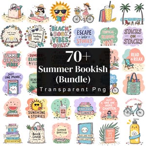 May include: A collection of summer-themed digital graphics with illustrations of books, beach scenes, and related text. Includes images of reading, sunshine, and the text "Summer Bookish (Bundle) Transparent Png".