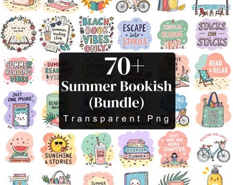 70+ Bookish Sommer PNG Bundle, Retro Buchliebhaber Clipart, gemütliche Lesung Ästhetik, Sommer Leser Zitate, Buchliebhaber Grafiken, sofort Download