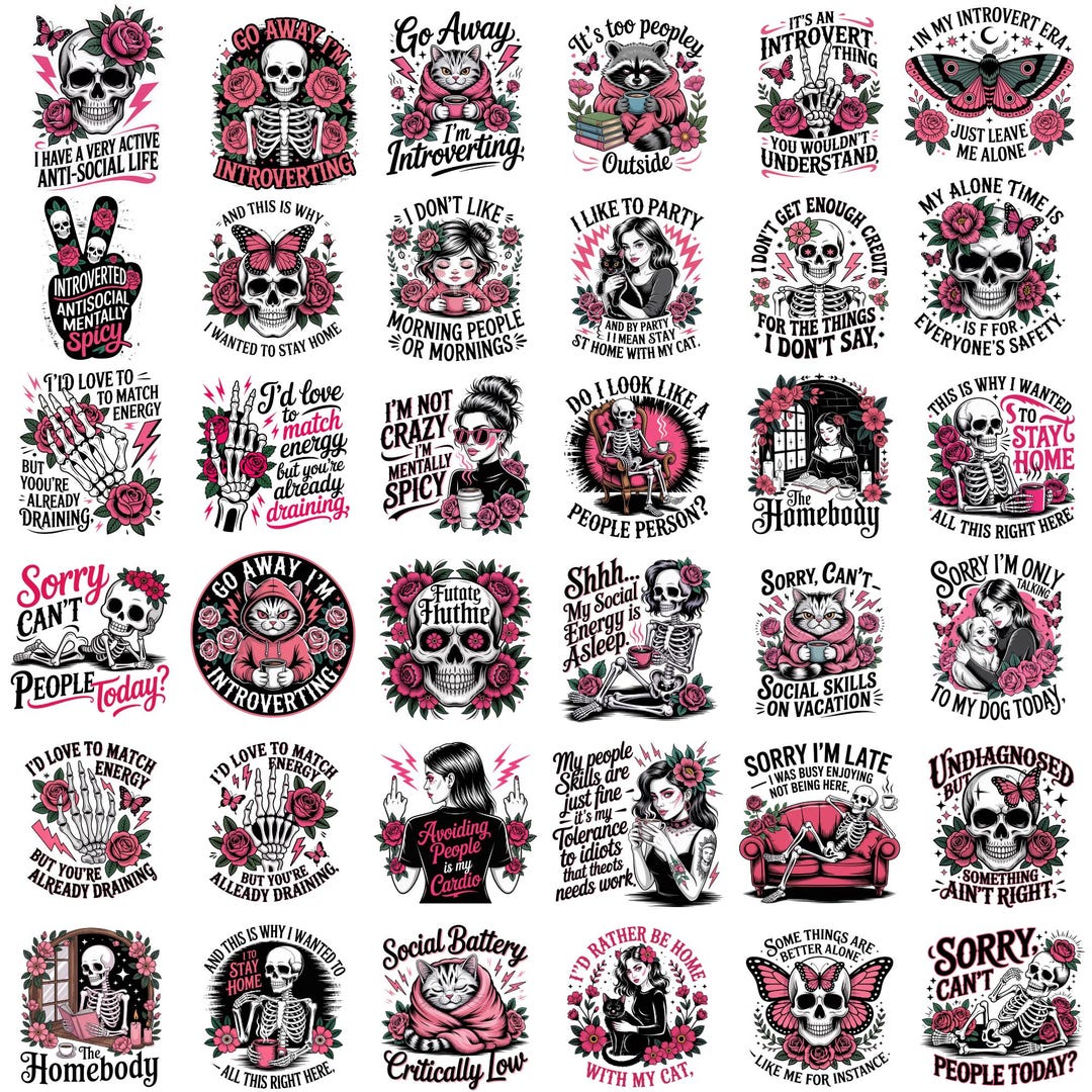 100+ Funny Antisocial Skulls PNG Bundle, Sarcastic Skeleton Quotes ...