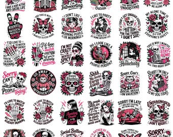 100+ lustige asoziale Schädel PNG-Bundle, sarkastische Skelett Zitate, Clipart, Homebody Goth Sublimation Designs, Erwachsenen Humor PNG Download