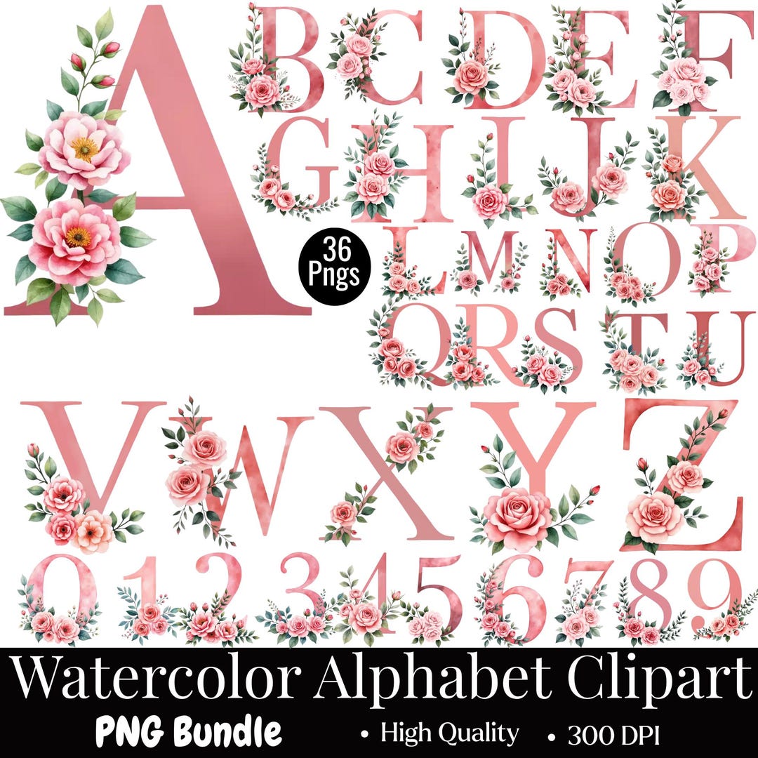 Watercolor Floral Alphabet PNG Bundle, Rose ABC Clipart, Pink Letter ...