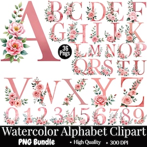 以下が含まれることがあります： 水彩アルファベットのクリップアートセット。柔らかいピンク色で、それぞれ繊細なピンクのバラと緑の葉で飾られた文字と数字が含まれています。このセットには36個のPNGが含まれており、下部には「Watercolor Alphabet Clipart」と「PNG Bundle」の文字があります。