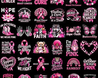 110+ Breast Cancer PNG Bundle, Pink Ribbon Awareness Designs, Survivor Quotes Clipart, Fighter Shirt PNG, Family Support Graphic Sublimation