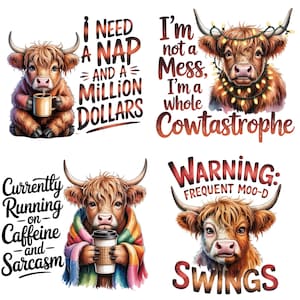 30+ Funny Highland Cow PNG Bundle, Sassy Highland Cow Sublimation Design, Sarcastic Cow Quotes PNG, Cow Lover Shirt Design, Digital Download image 4